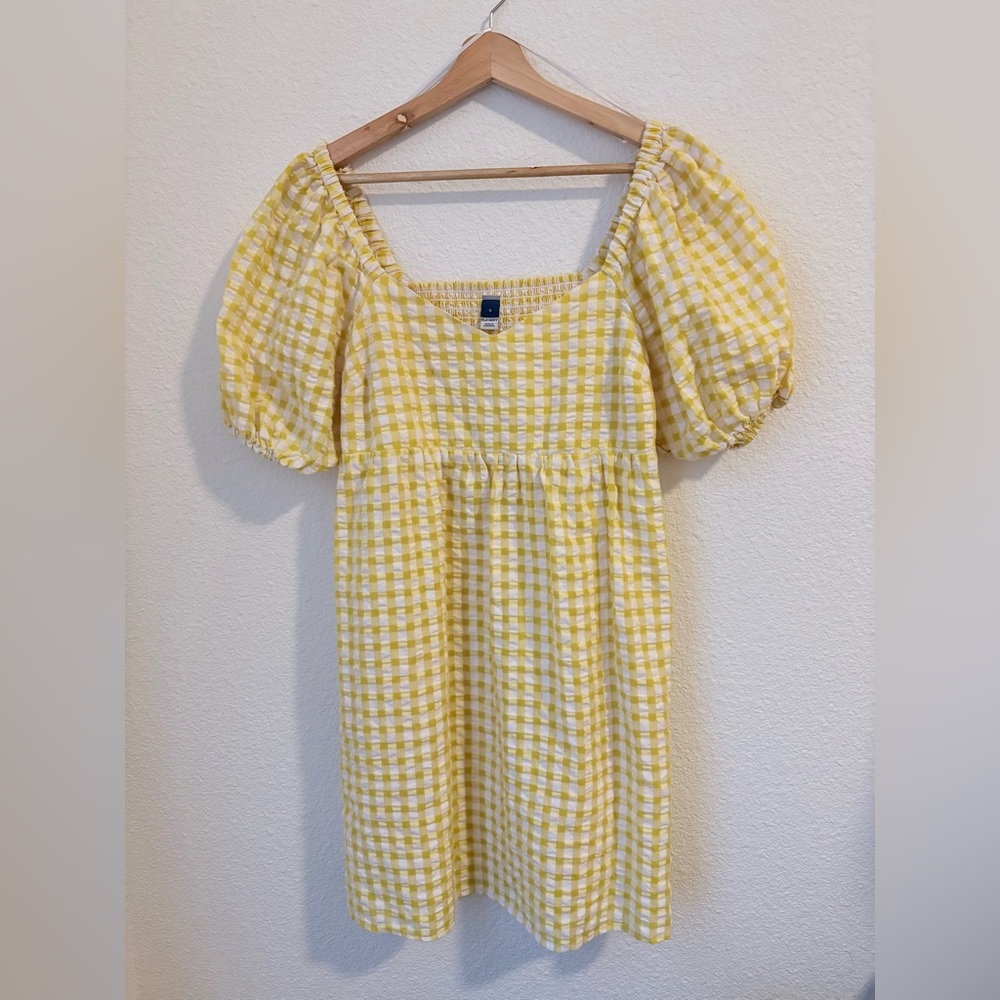 Old Navy Puff Sleeve Yellow Gingham Seersucker Dress